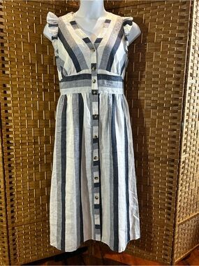 Point Sur Quality Linen Stripe Midi Dress Sz 12T White Navy Button Front Coastal